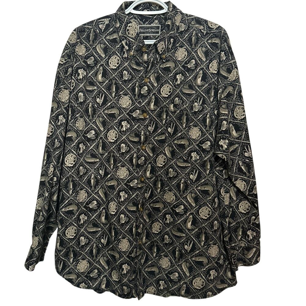 Field &‎ Stream Mens Black Tan Fly Fishing Long Sleeve Button Down Shirt Size XL